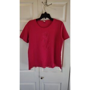 Orange USA Magenta Pink Rose Embedded Scalloped Hem Top Large